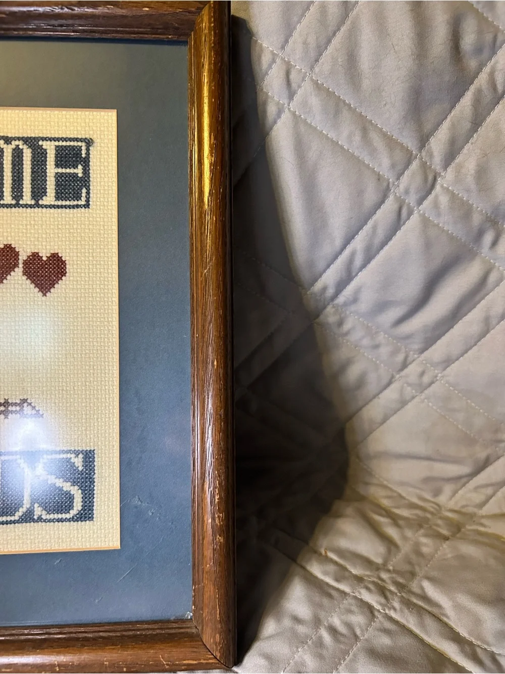 Vintage Framed Finished Cross Stitch Welcome Friends Country Cottage Wall Decor